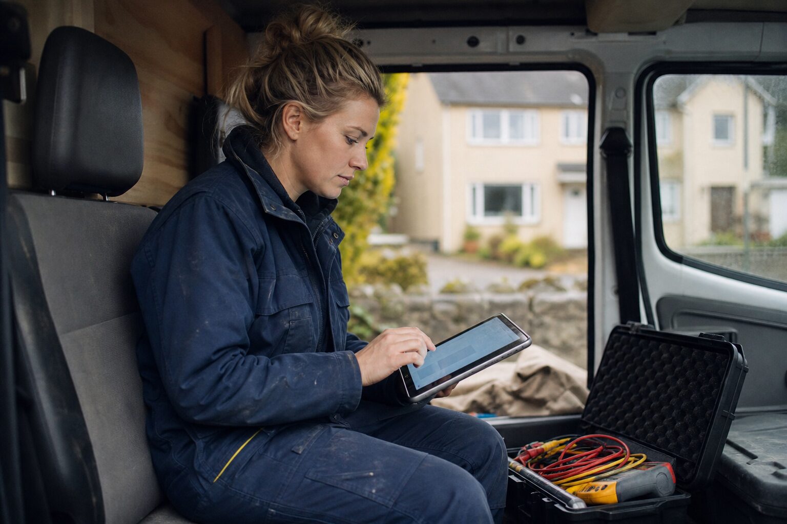 Electrician completing an electrical record on a tablet in a work van