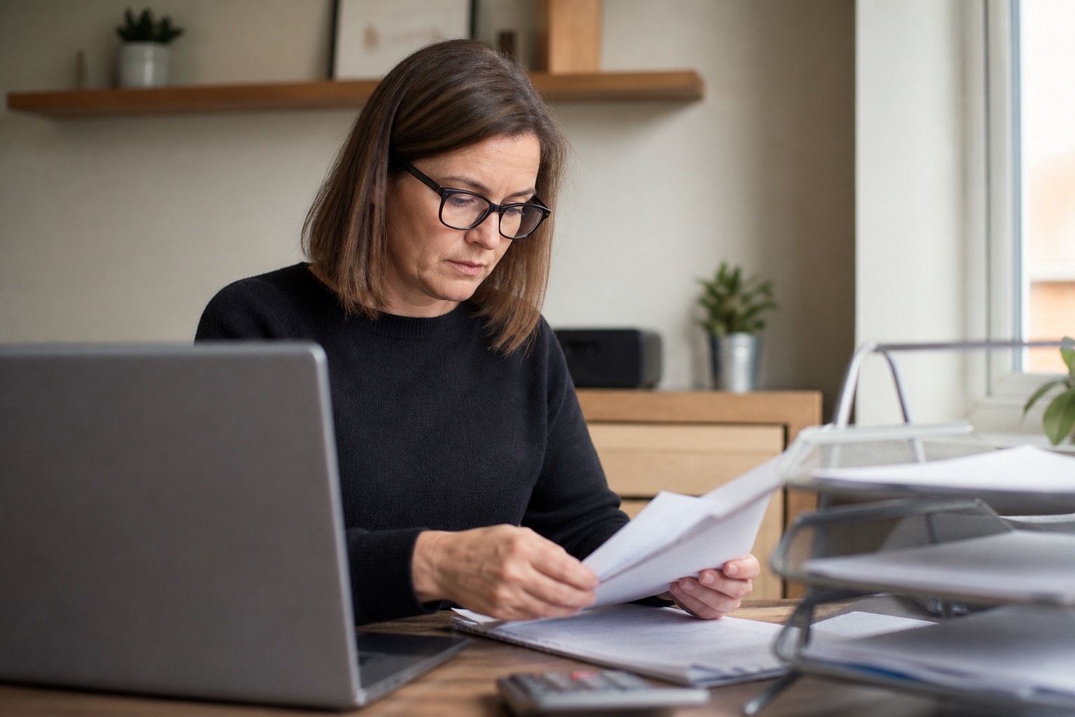A woman wearing glasses reading paperwork at a desk with a laptop open in front of her