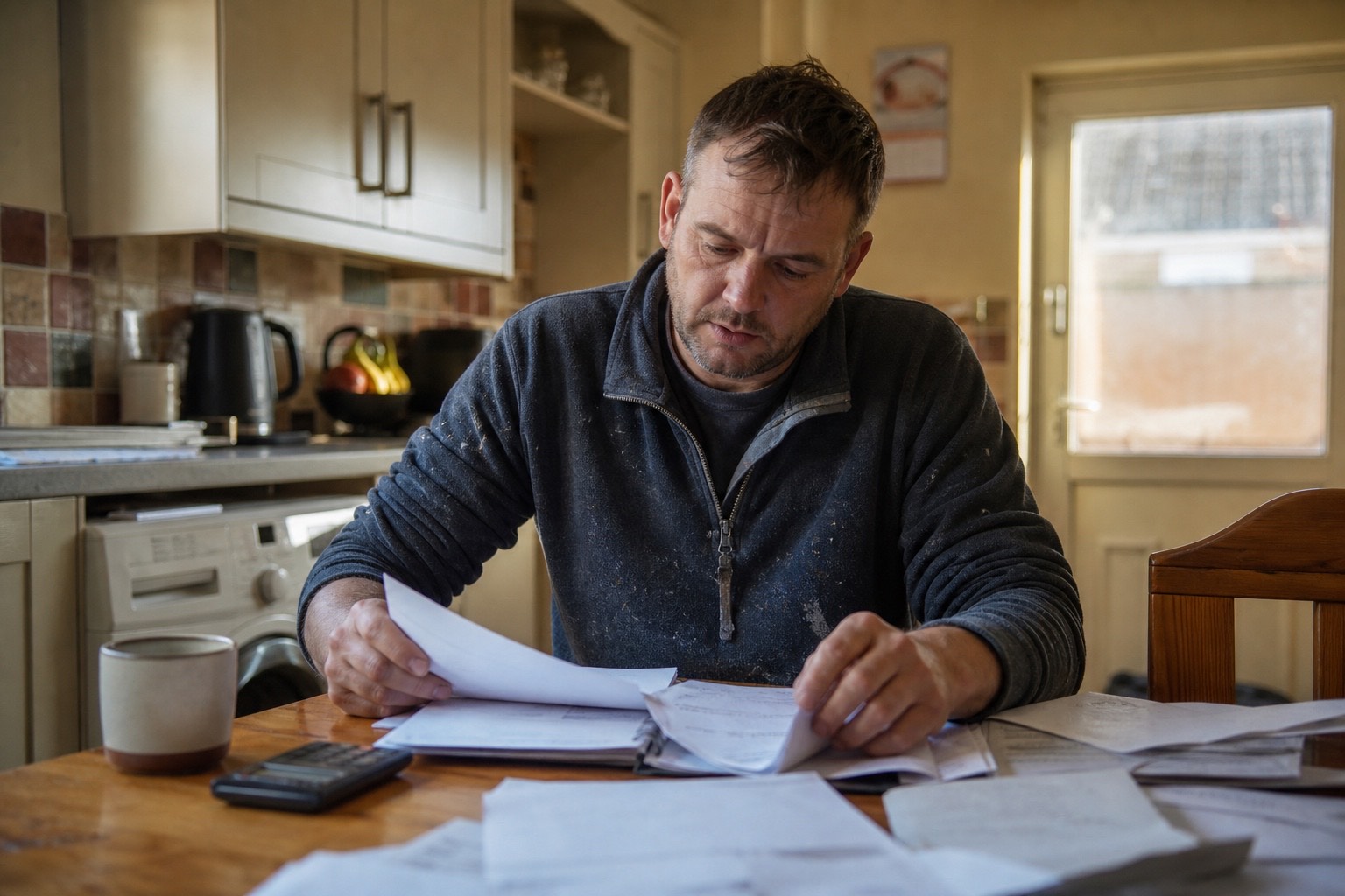 A man reading through household bills at a kitchen table in the evening