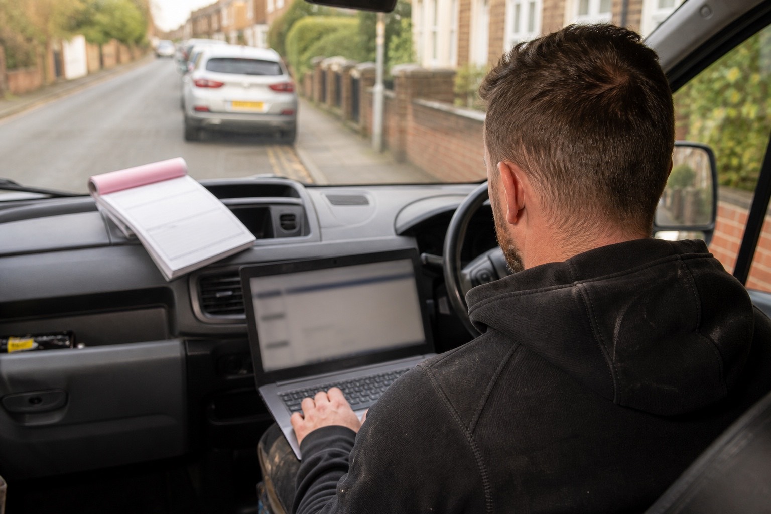 A tradesman working on a laptop balanced on the dashboard of his van