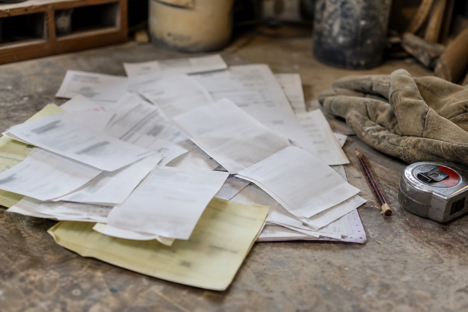 A pile of crumpled paper receipts and a tape measure on a workbench