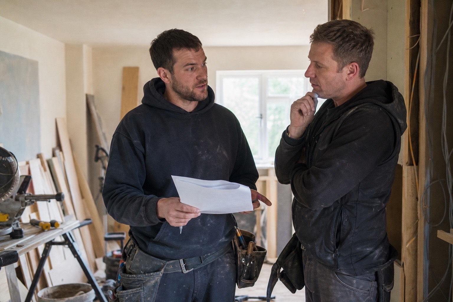 Two tradesmen discussing a document together on a construction site