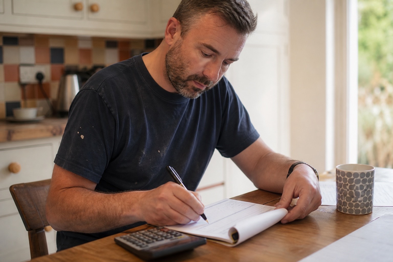 A tradesman filling in a paper invoice pad at a kitchen table with a calculator beside it