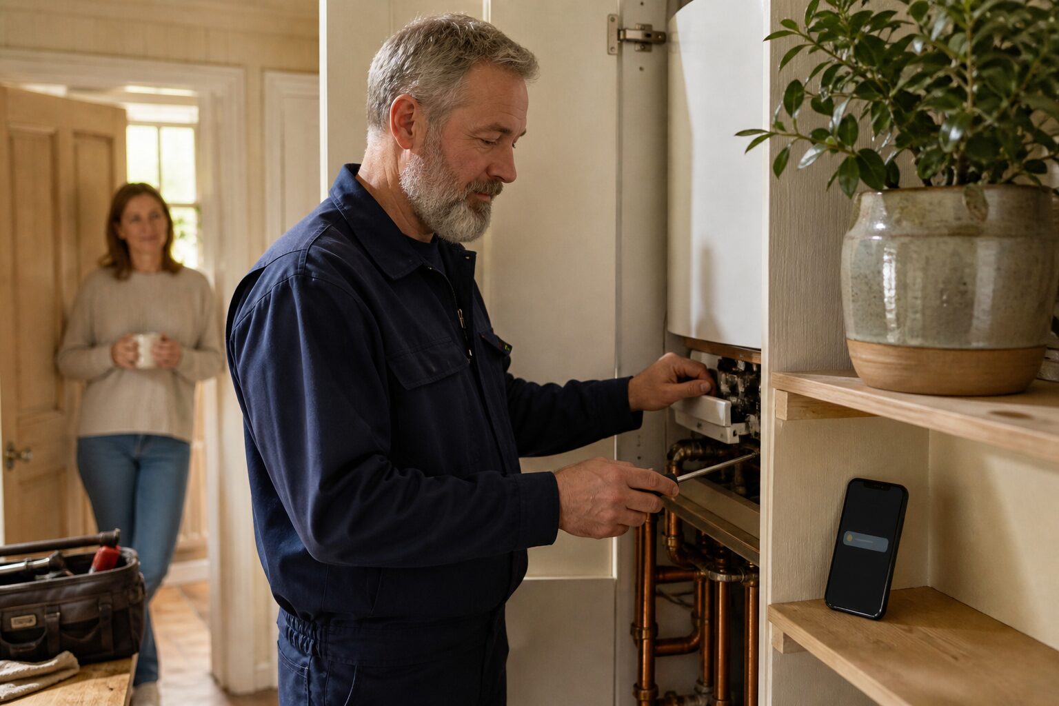 Heating engineer completing a booked annual boiler service