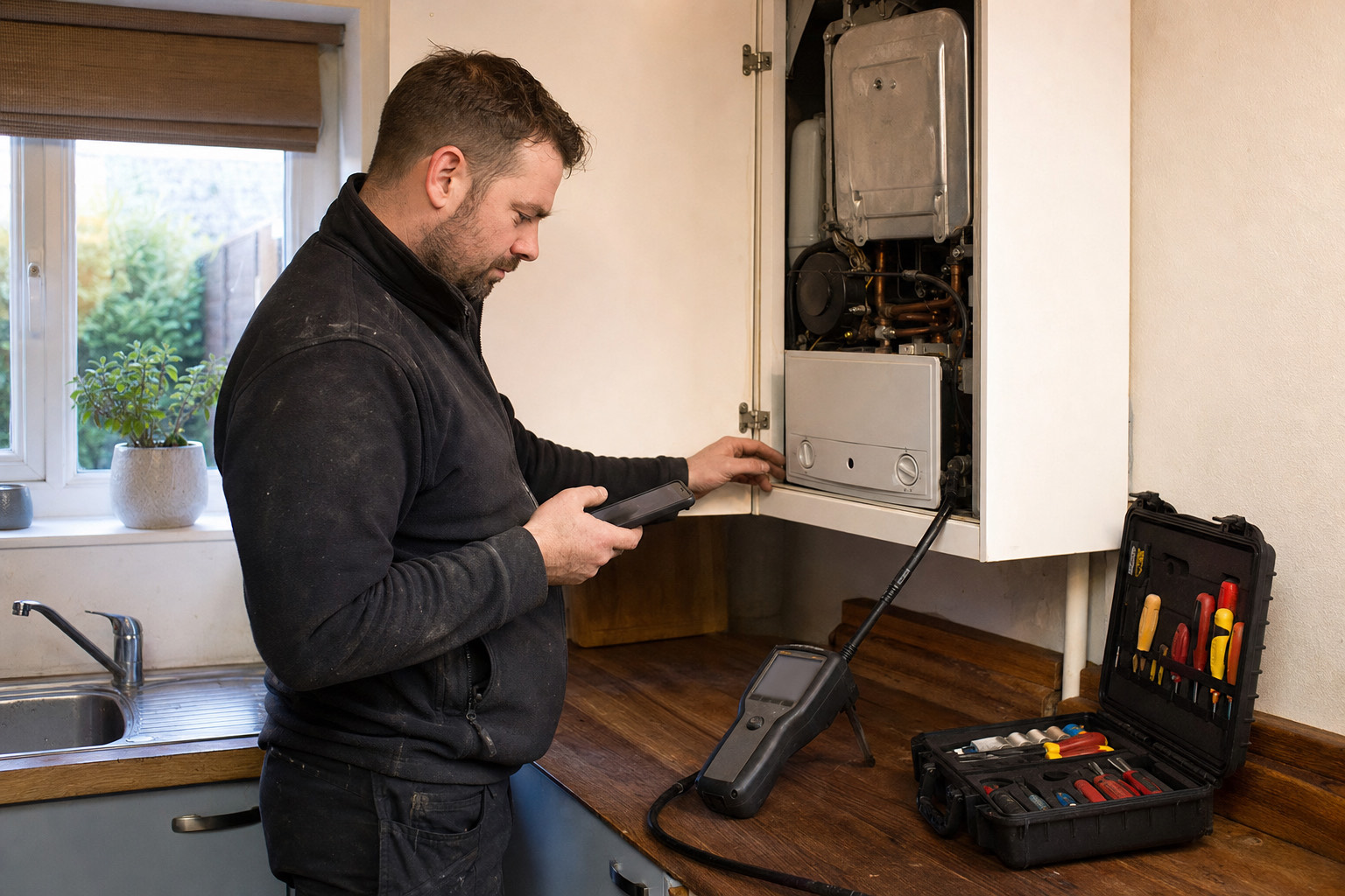 UK gas heating engineer servicing a domestic combi boiler and checking a service reminder on a phone