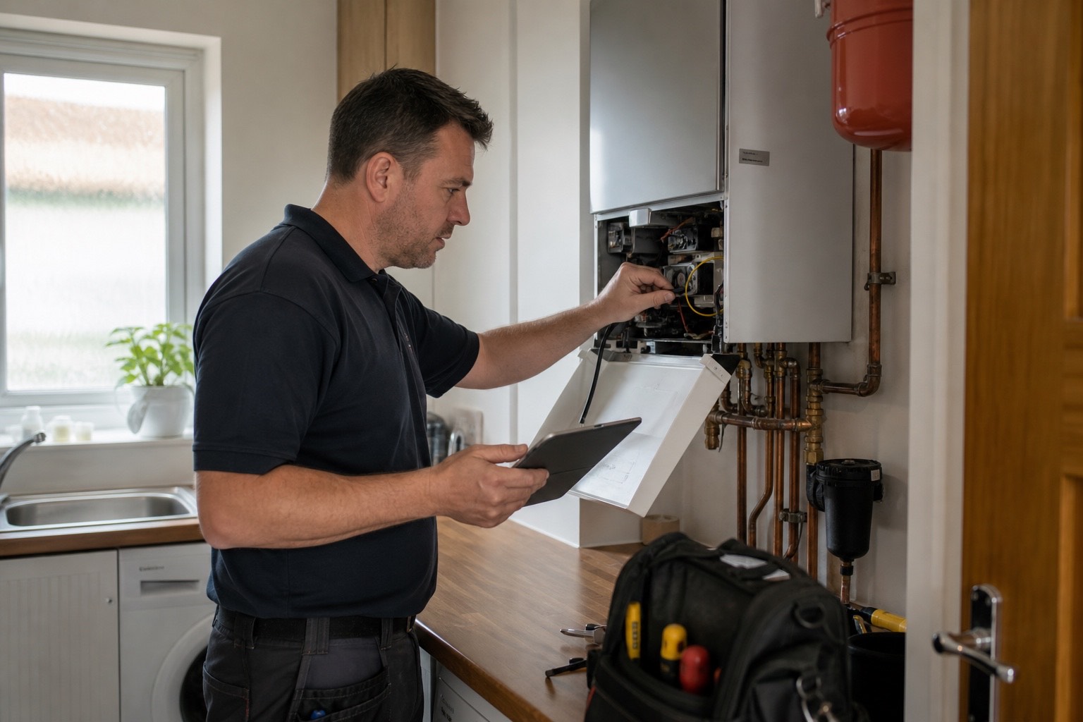 Gas engineer checking a wall-mounted boiler's internal components while holding a tablet in a customer's kitchen