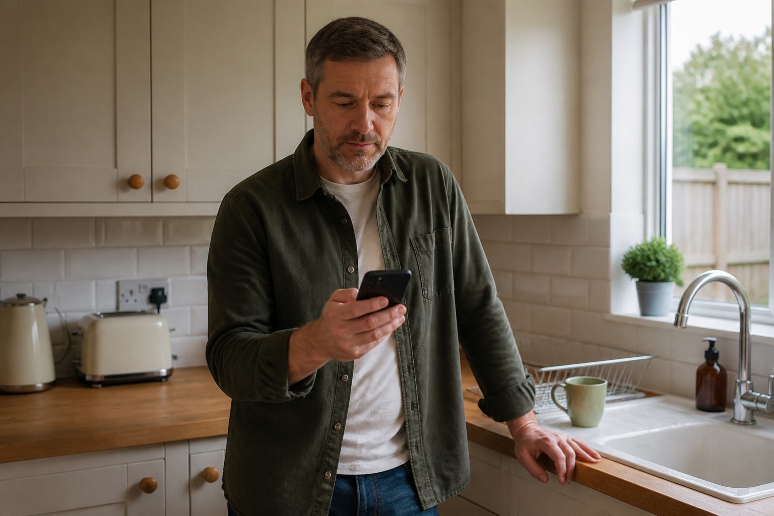 A man in a kitchen reading a text message on his phone