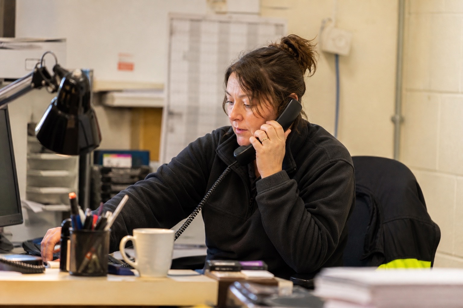 A trades office manager taking a phone call at her desk