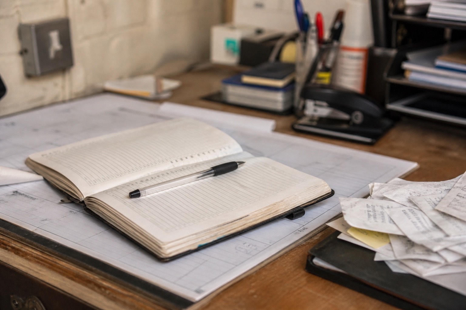 An open desk diary with a pen resting on the page next to a stack of paper receipts