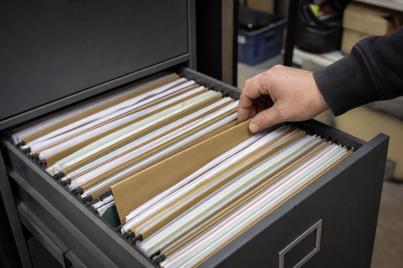 A hand flicking through hanging files in an open filing cabinet drawer