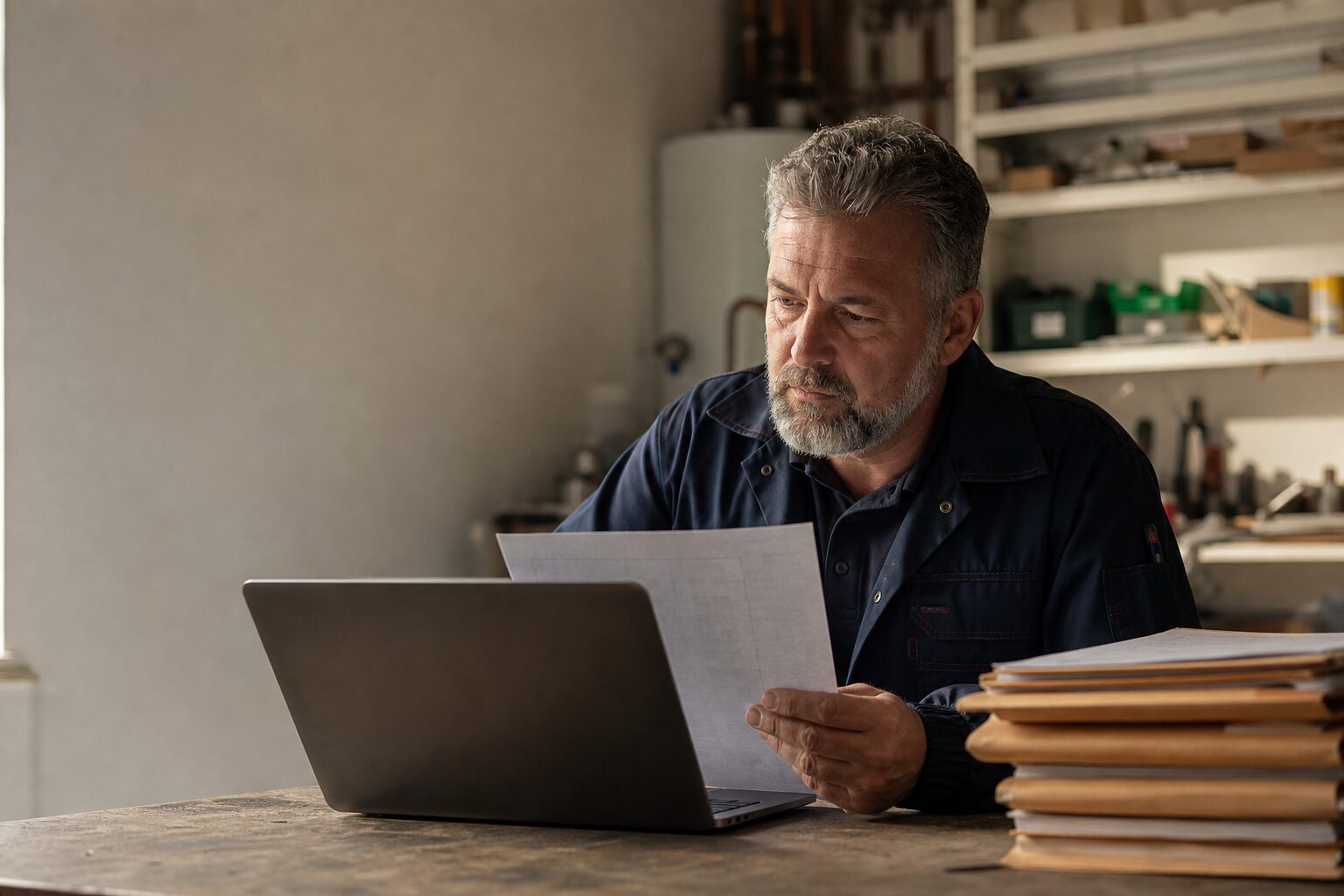 Trades business owner auditing exported customer and job data before a software migration