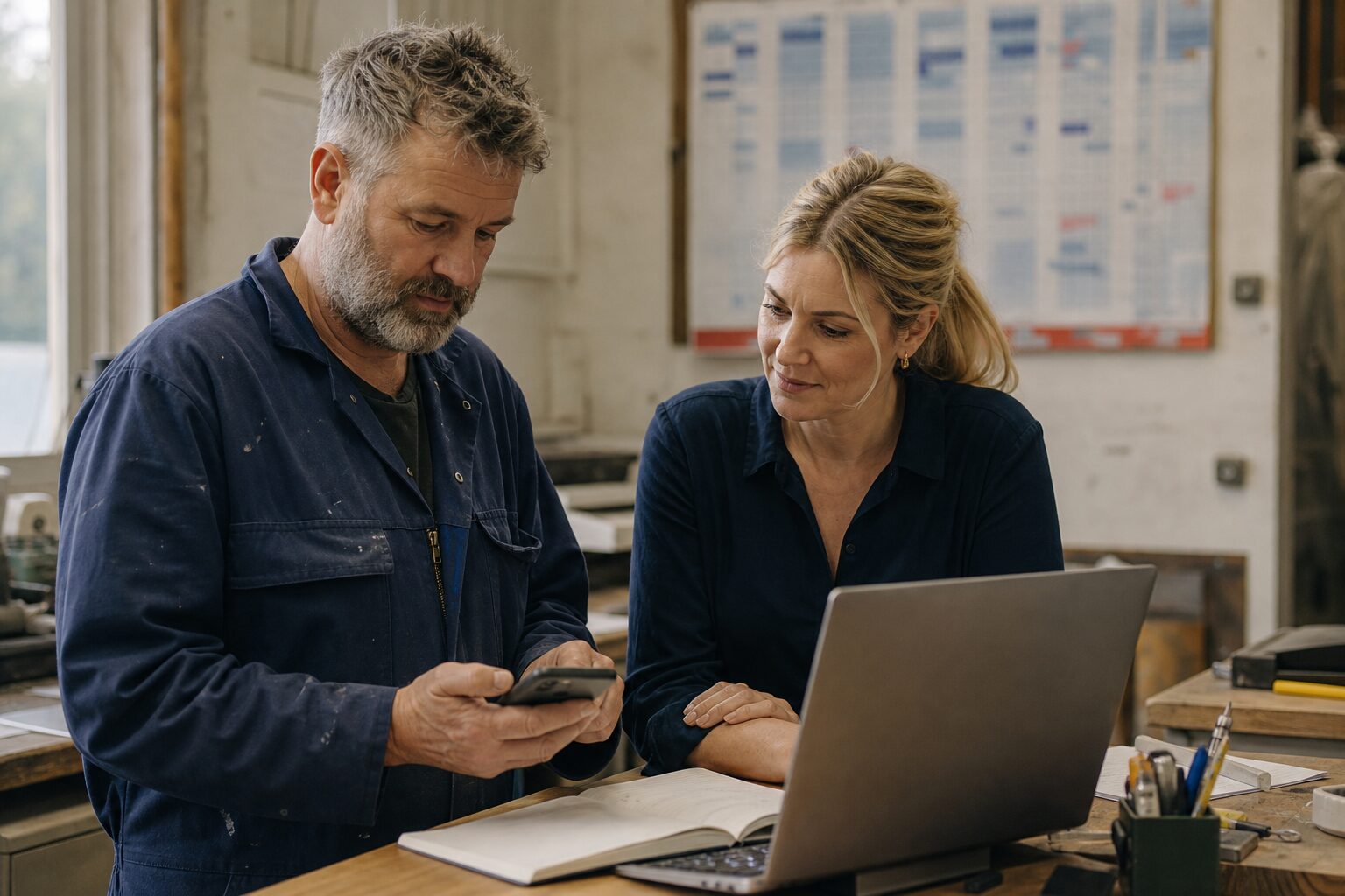 Two trades business colleagues testing a replacement job management workflow