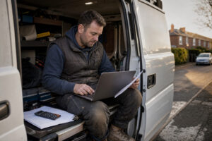 UK tradesperson working through invoices and paperwork on a laptop in the back of a work van