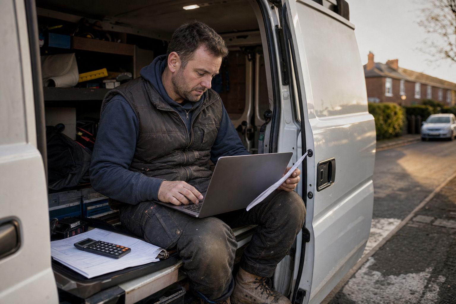 UK tradesperson working through invoices and paperwork on a laptop in the back of a work van