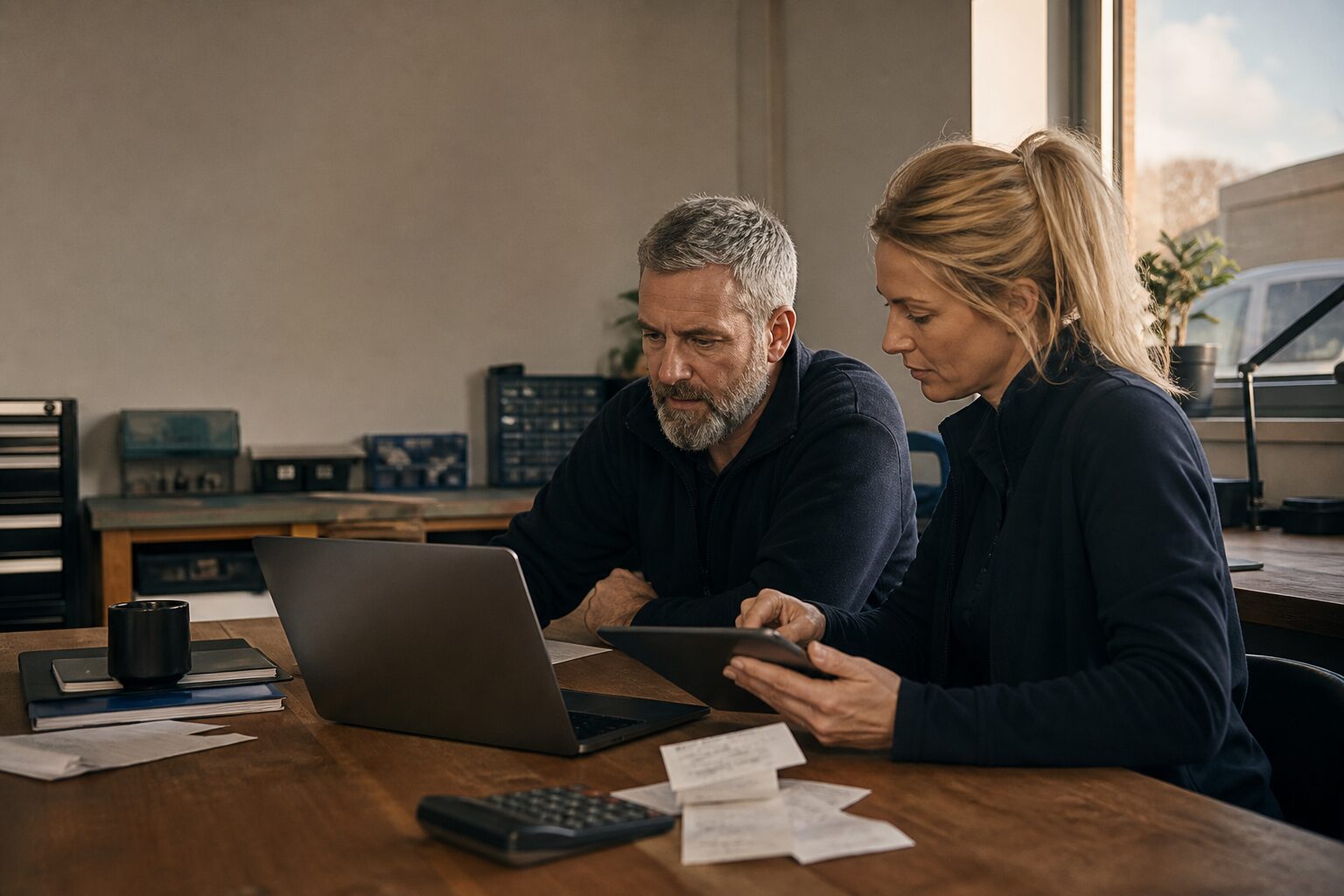 Trades business owner and office manager reconciling job invoices with accounts
