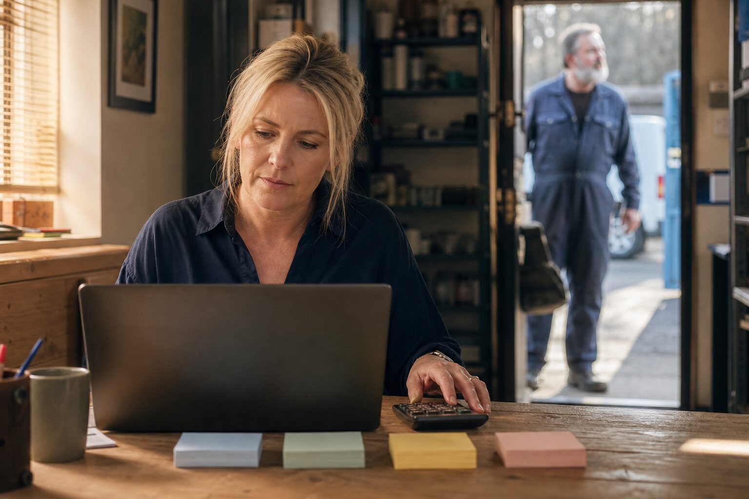 Trades office manager organising a quarterly bookkeeping rhythm