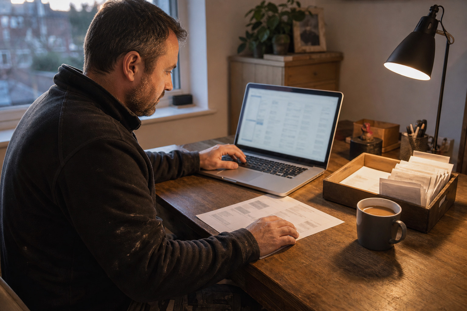 UK trade business owner reconciling invoices and receipts on a laptop at a home office desk