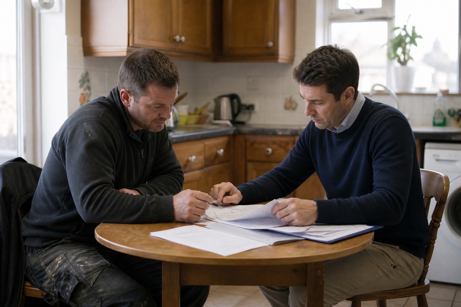 Two men reviewing paperwork together at a kitchen table