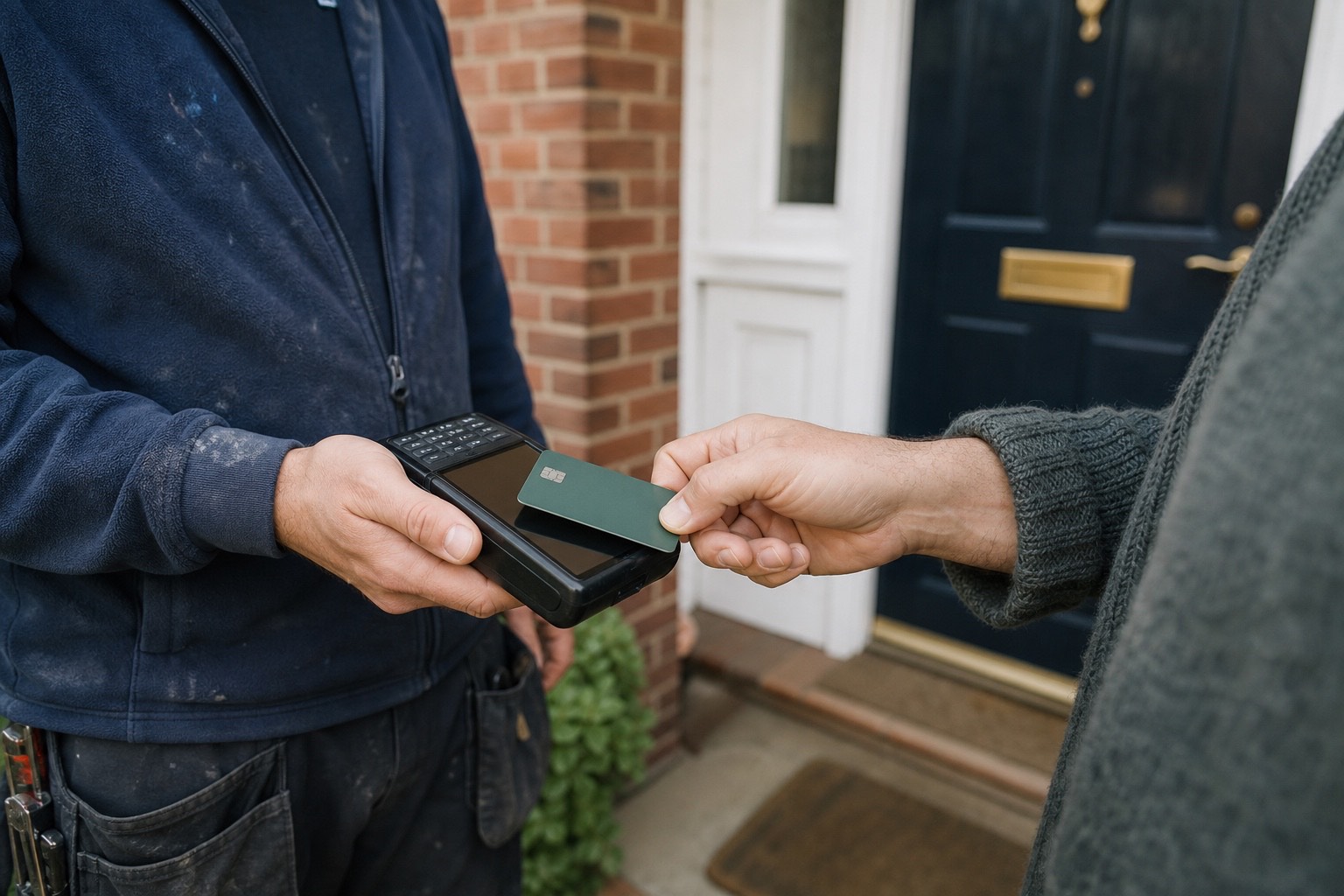 A tradesman taking a card payment on a handheld reader at a customer's front door