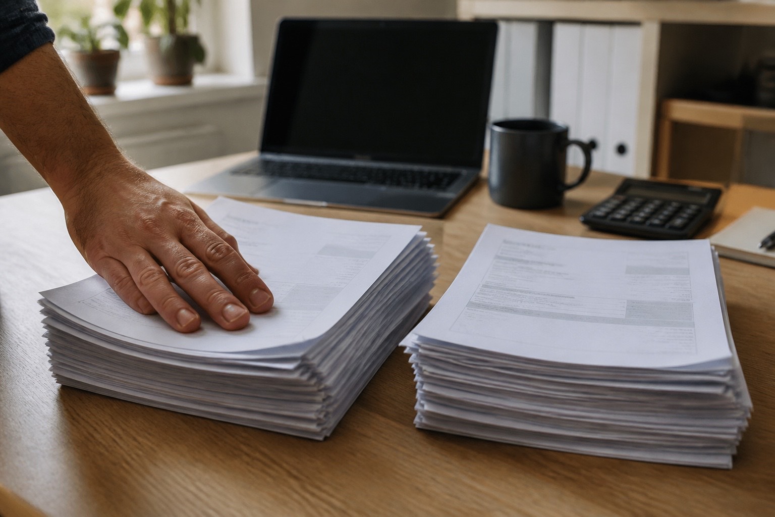 A hand resting on two identical stacks of printed invoices on a desk