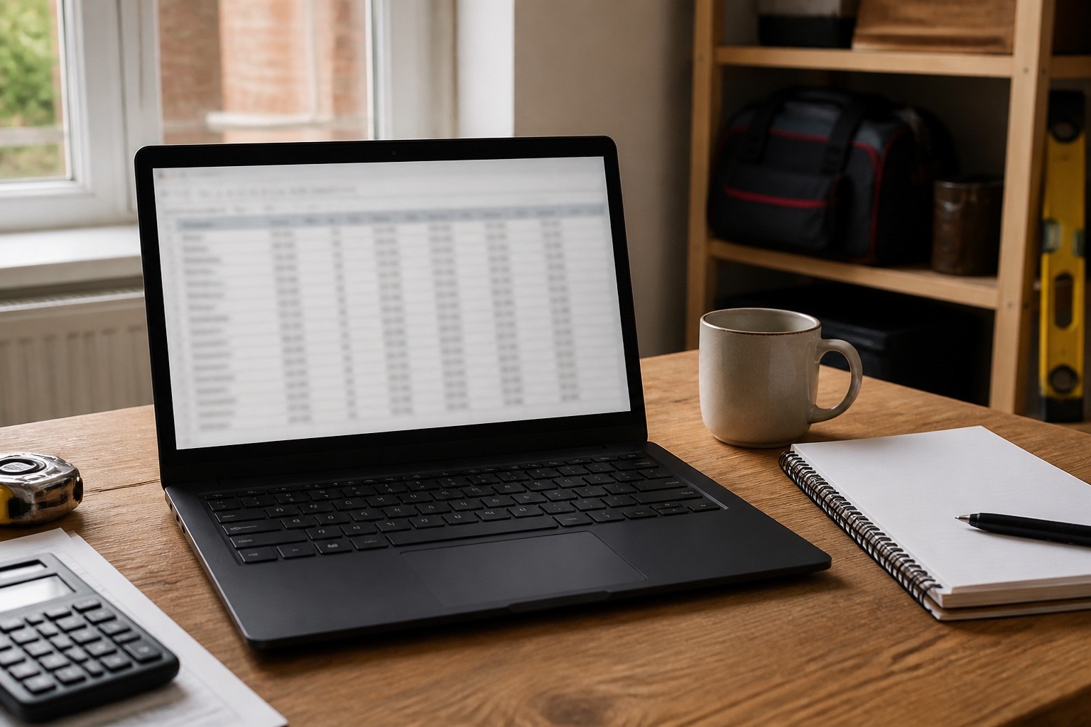 A laptop open on a desk showing a spreadsheet of figures next to a mug