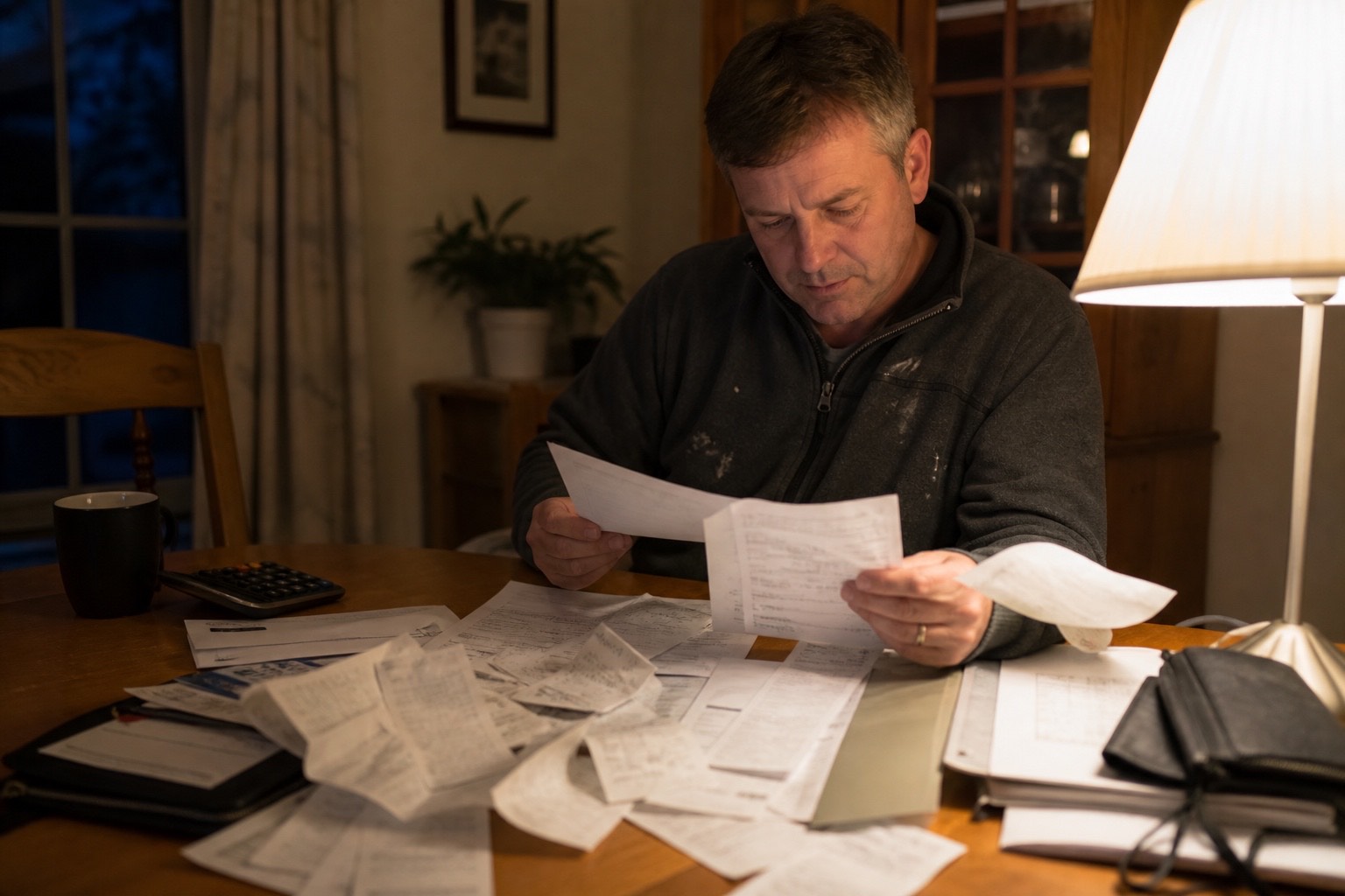 A man reviewing a spread of paperwork and receipts at a table under a reading lamp at night