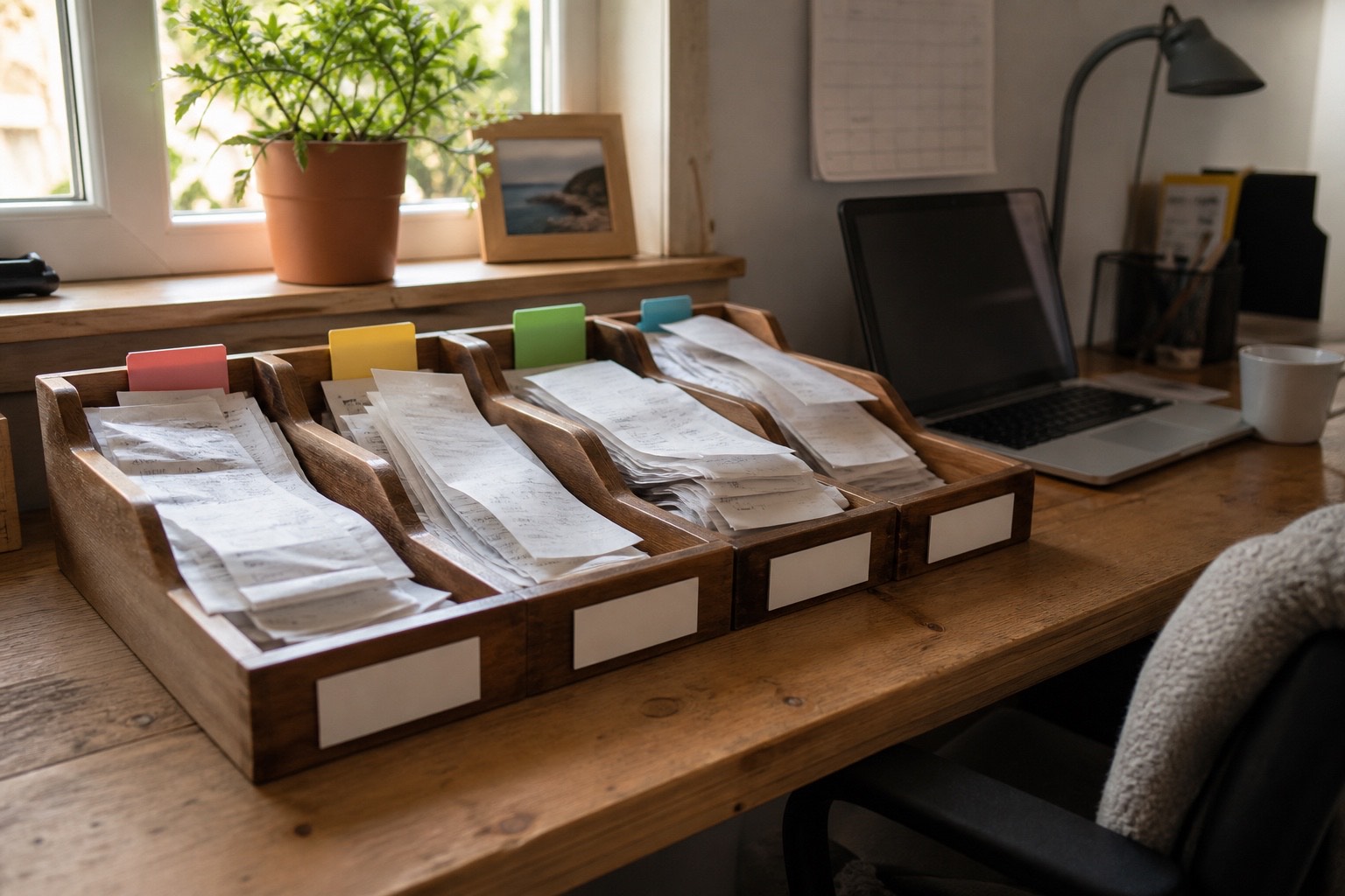 A wooden desk tray with receipts sorted into four labelled compartments