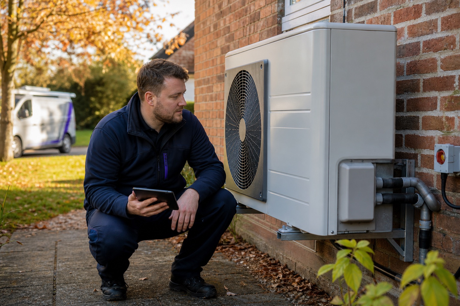UK heat pump installation engineer crouching beside an outdoor air source heat pump unit on a brick house wall, holding a tablet