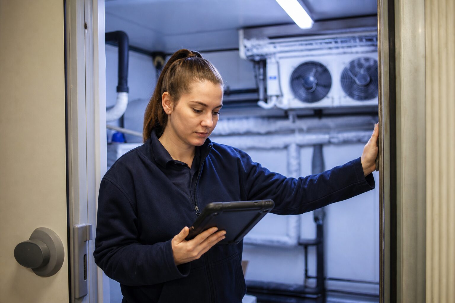 Refrigeration engineer checking a tablet at the door of a commercial cold room during a service visit