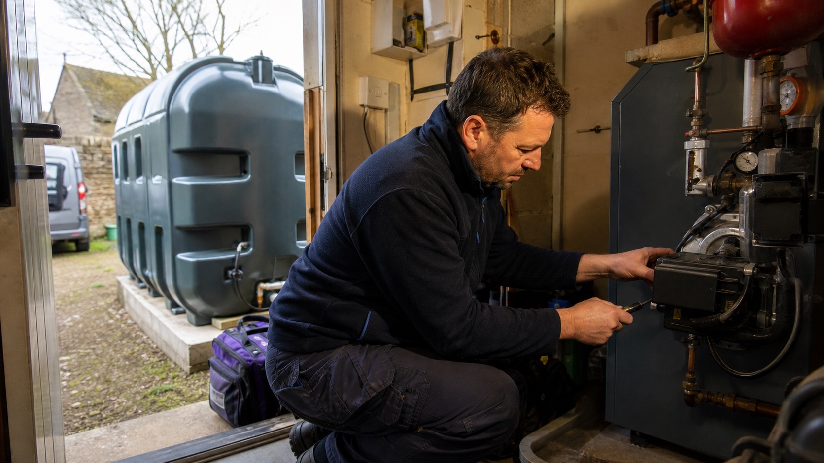 An OFTEC oil heating engineer servicing a domestic oil-fired boiler beside a garden oil storage tank