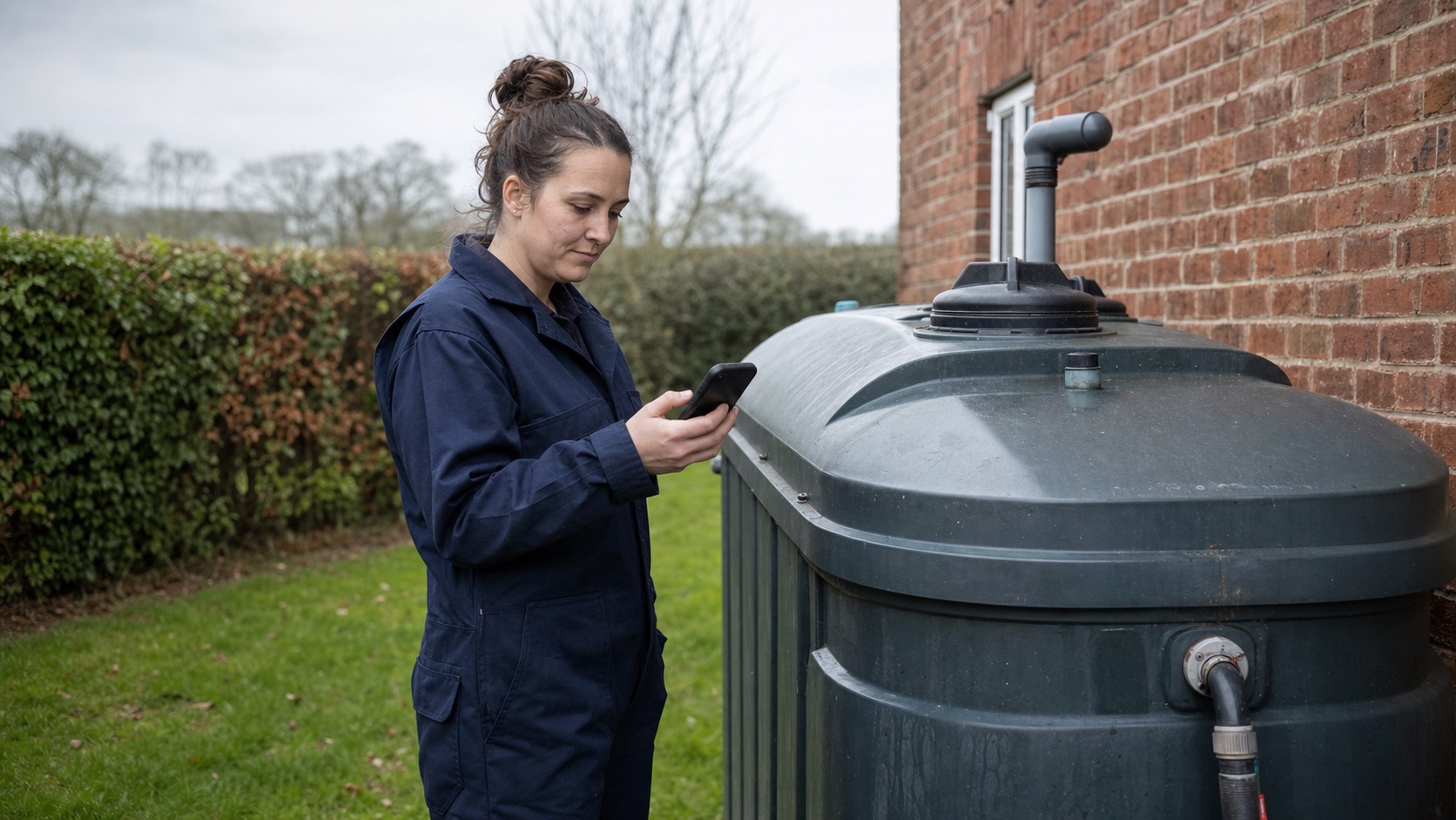 An OFTEC oil heating engineer checking a job record on her phone beside a domestic oil storage tank in a garden