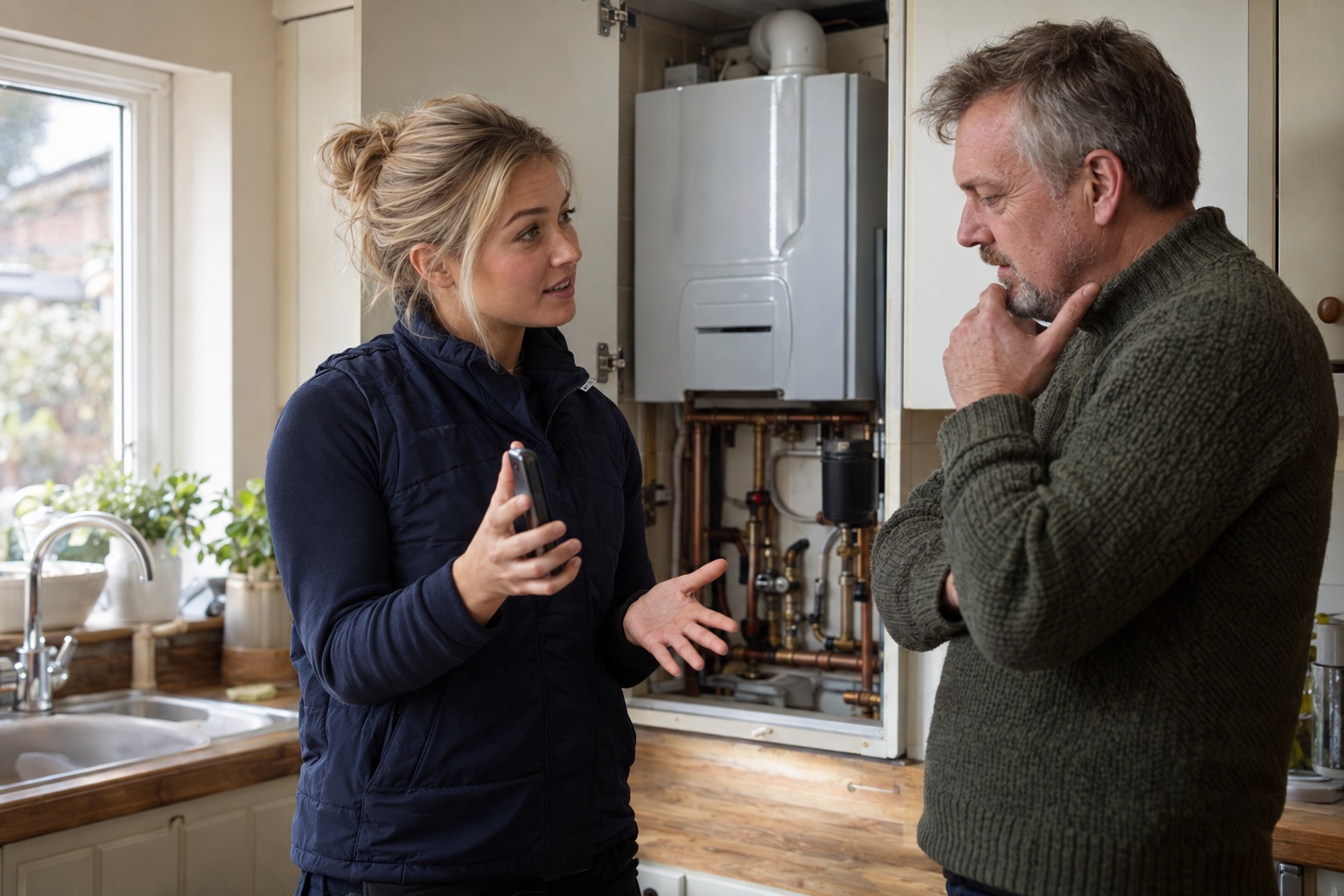 A heating engineer checks the agreed quote on her phone with a homeowner before starting extra work in a kitchen