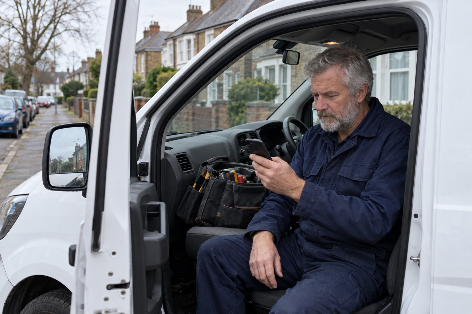 An engineer sits in his van after a job, confirming the invoice has gone to the customer
