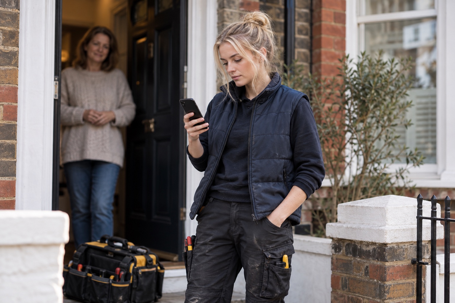 An electrician finishes a job at a customer's front door and checks the invoice details on her phone
