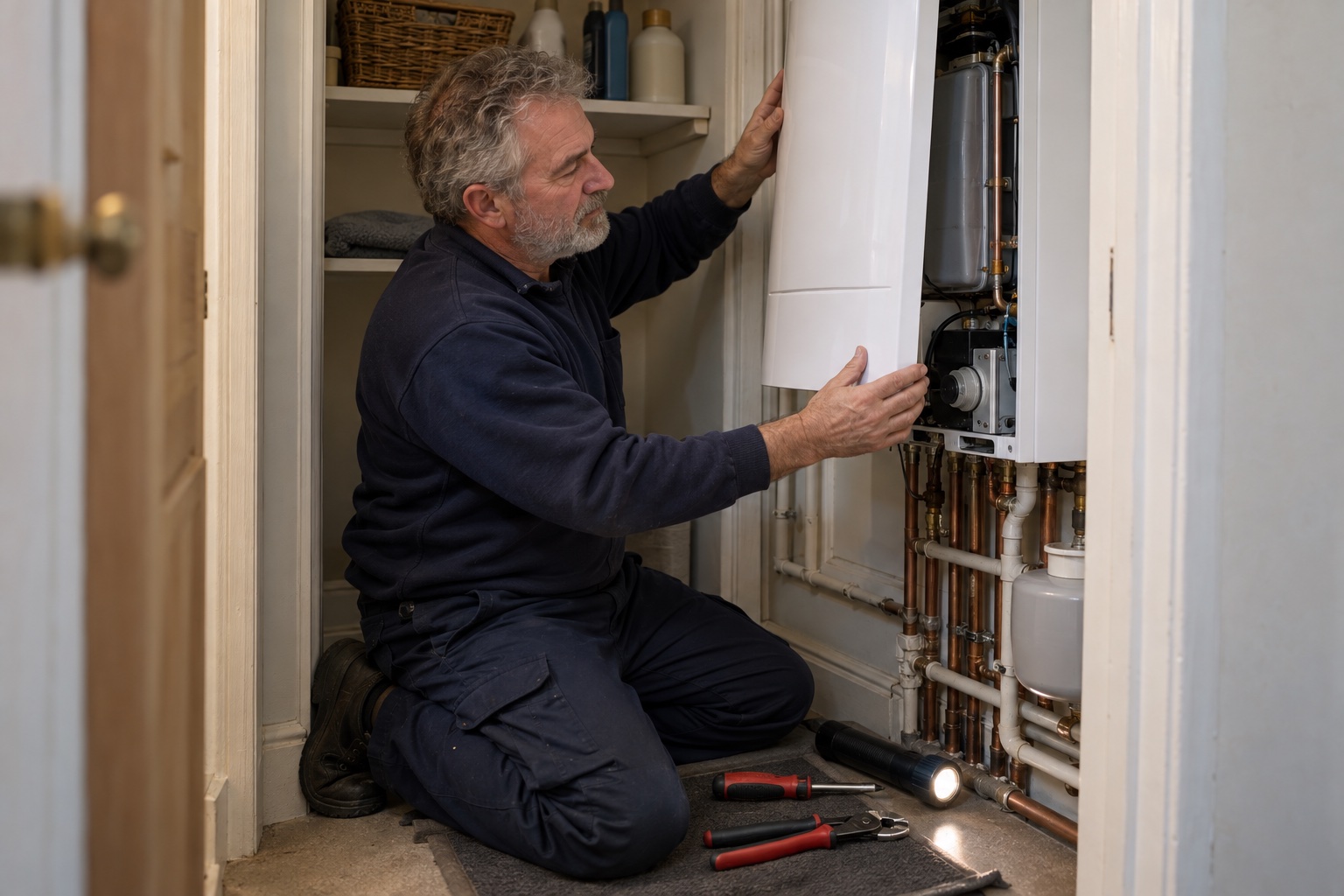 A gas engineer refits a boiler casing in a utility cupboard at the end of a service