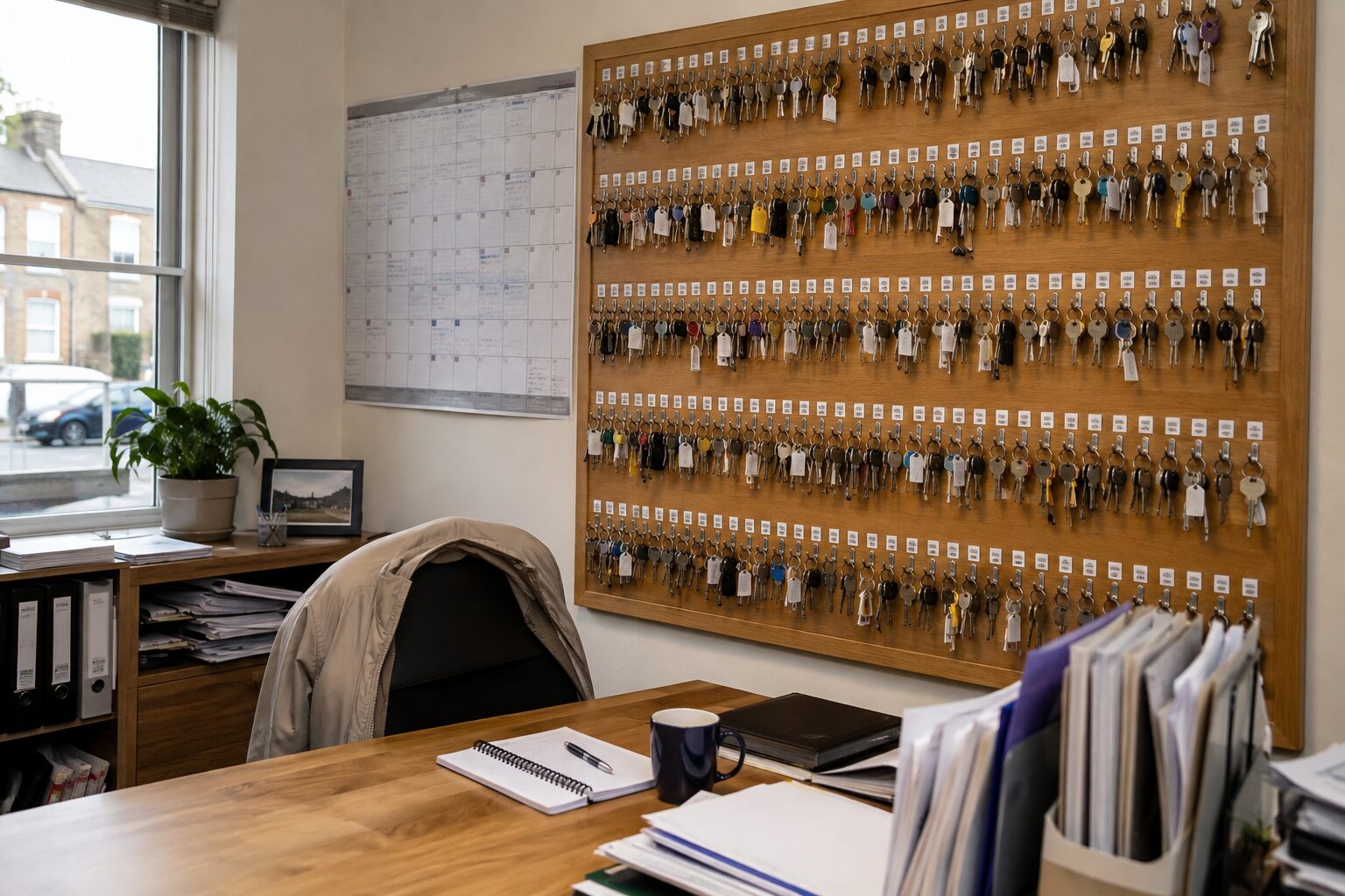 A wall-mounted key board holding many labelled property key fobs in a small UK lettings office, with a desk calendar and paperwork nearby