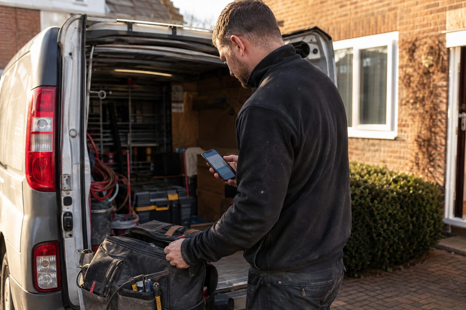 A UK trade engineer glancing at a phone showing a payment confirmation while closing up a van after a job