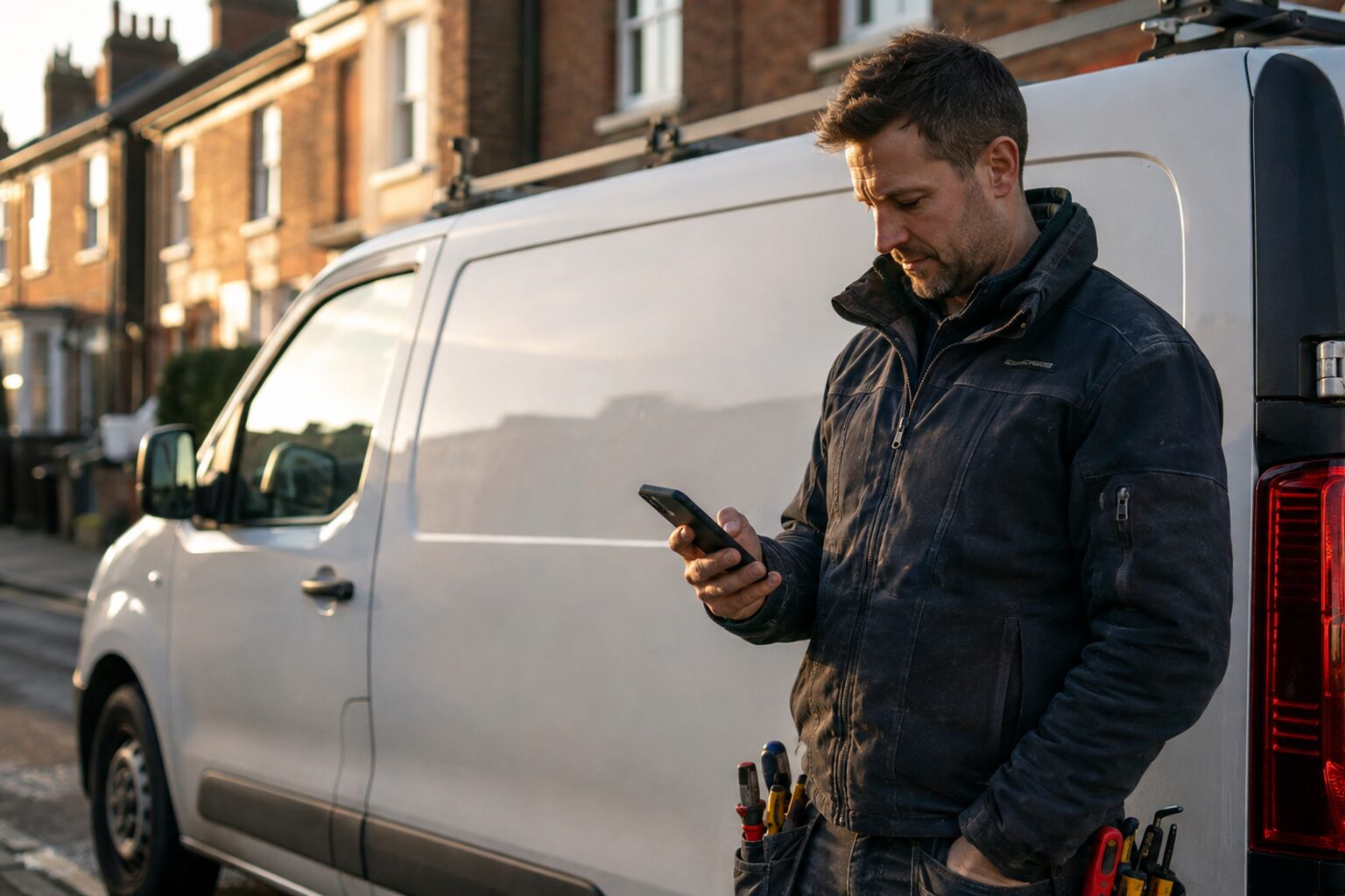 An electrician standing beside a plain work van on a UK residential street, checking a phone held at a natural angle before finishing a job