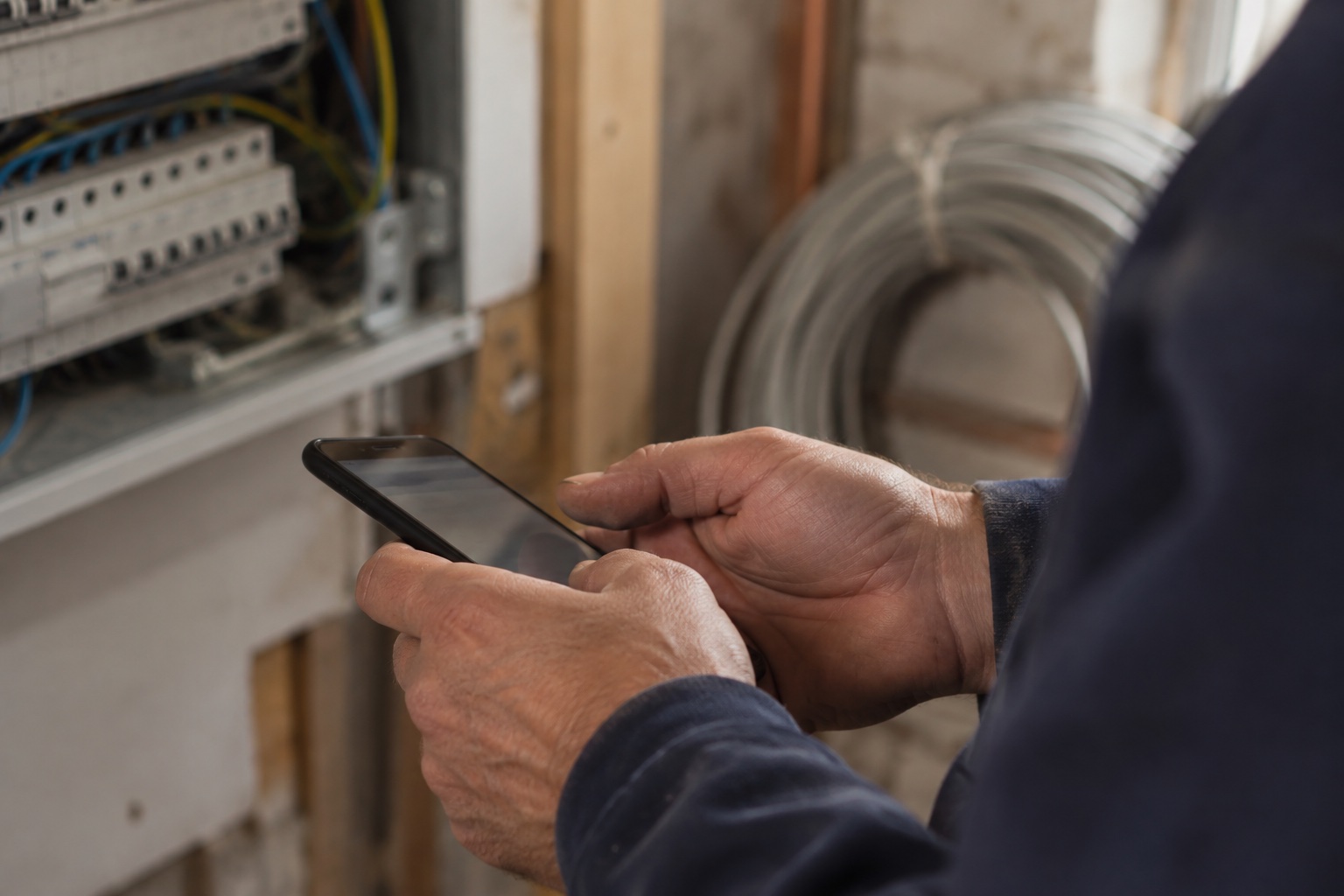 An electrician completes a job record on a phone beside an open consumer unit