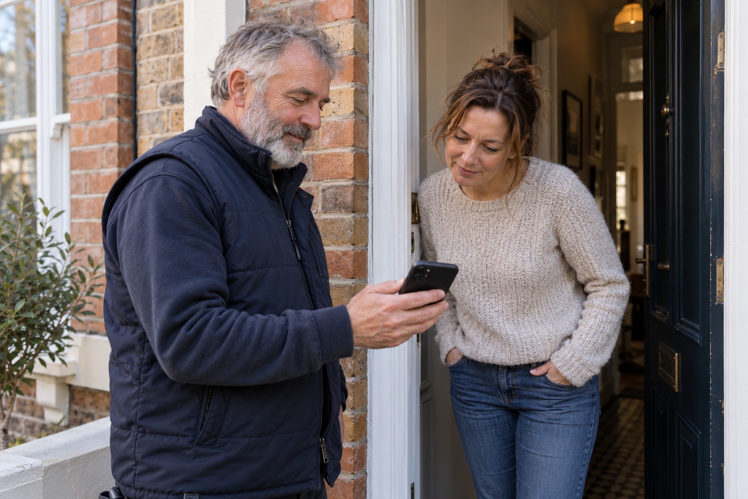 A tradesperson shows a homeowner the finished job on his phone at her front door