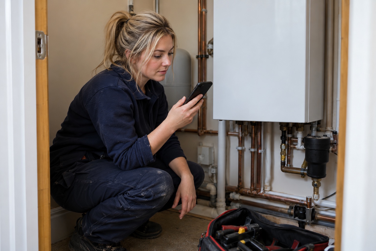 A gas engineer crouches beside a wall-hung boiler in a utility cupboard, checking the next service date on her phone