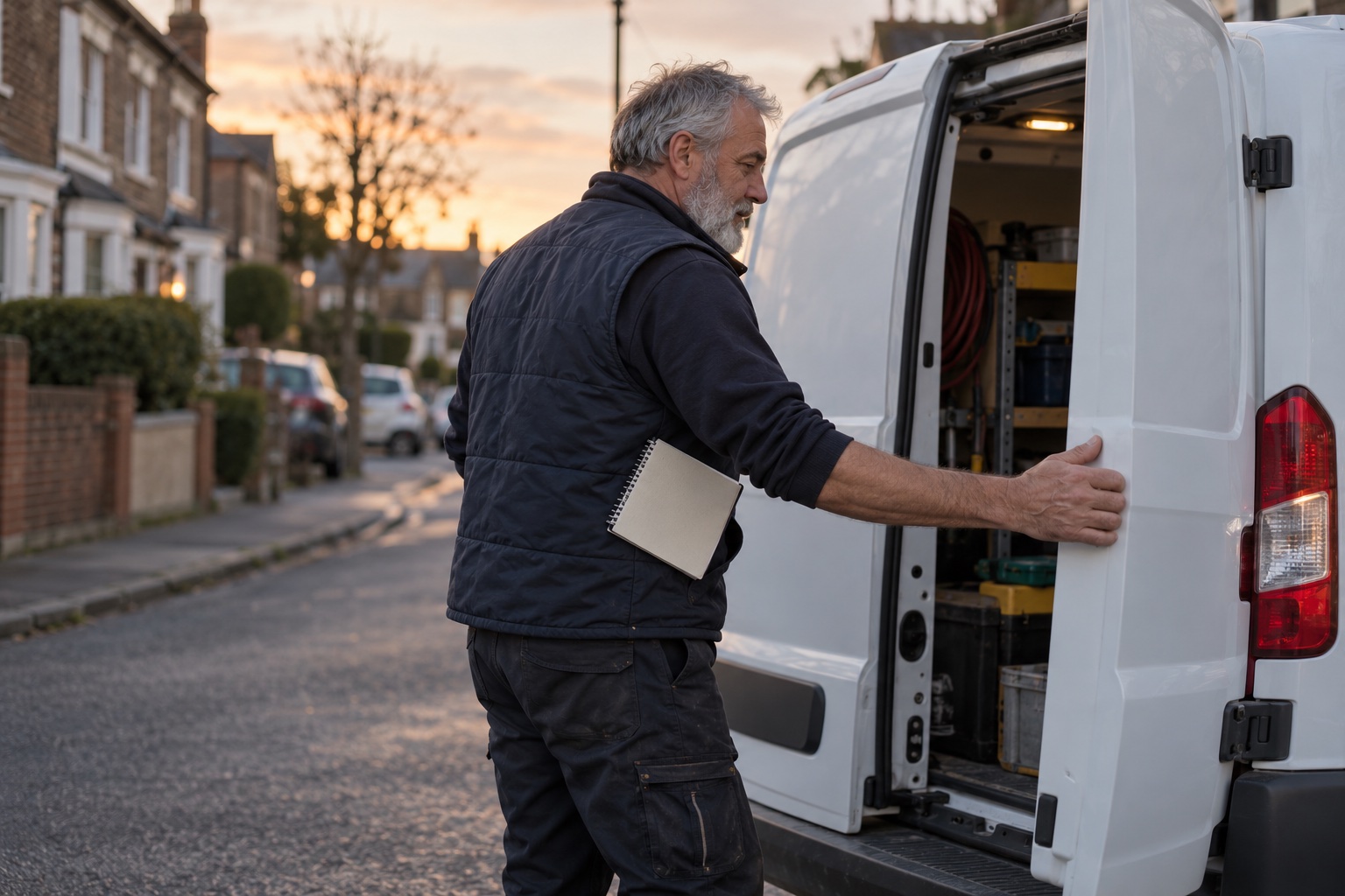 A heating engineer closes the back doors of his van after a boiler service, notebook under his arm