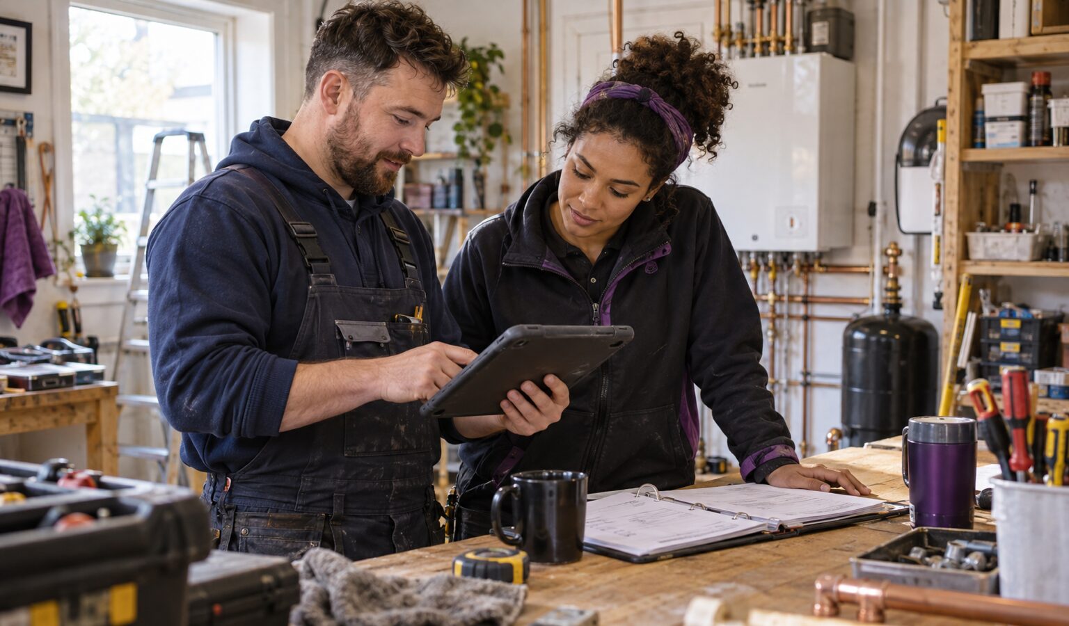 A UK heating engineer and electrician reviewing clearly marked generic digital job records at a workshop desk