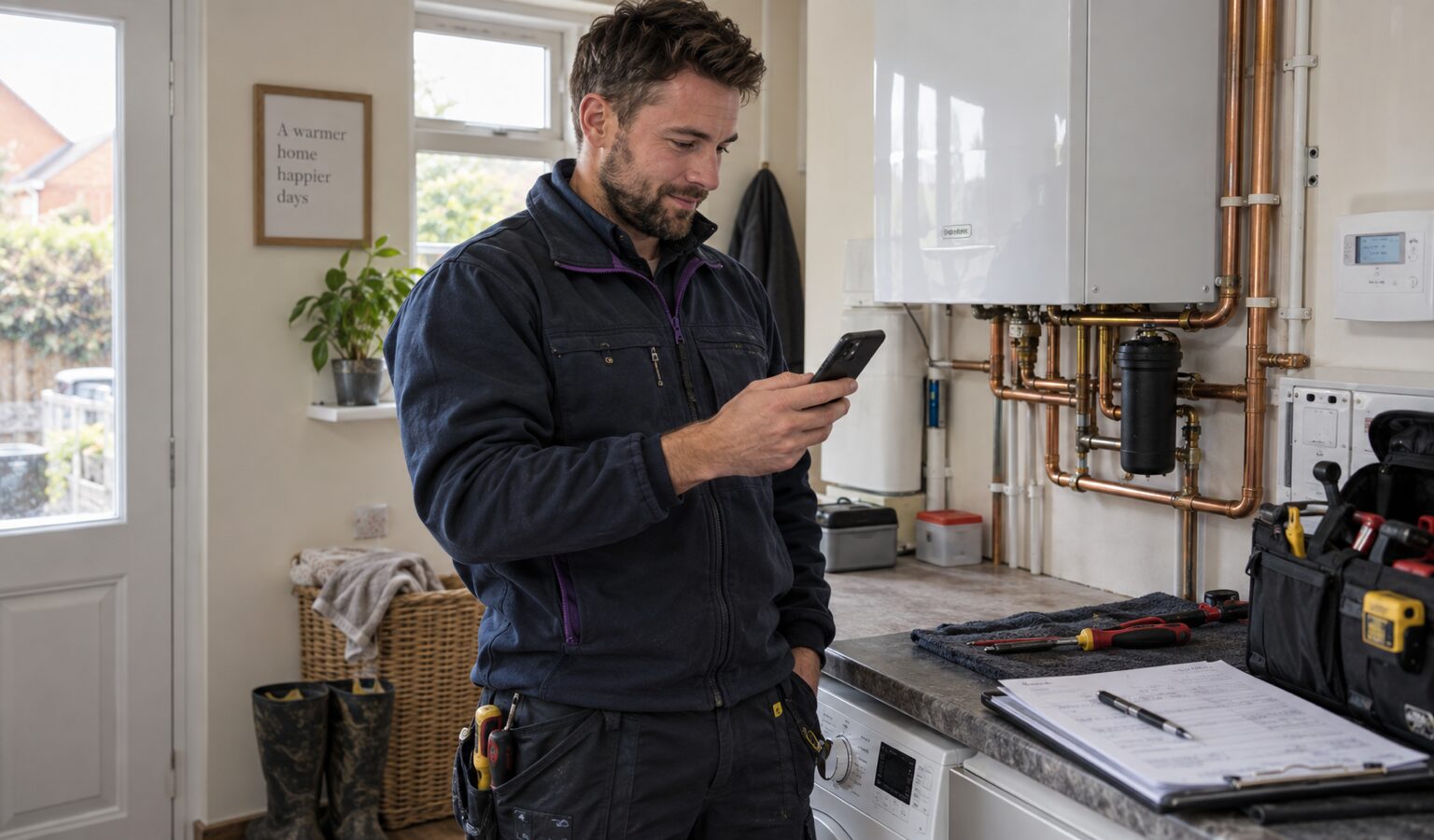 UK heating engineer reviewing a completed digital report beside a boiler