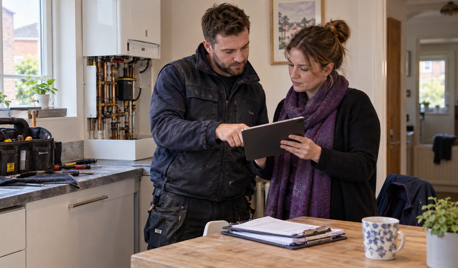 Heating engineer and office coordinator reviewing a service record on a tablet beside a boiler