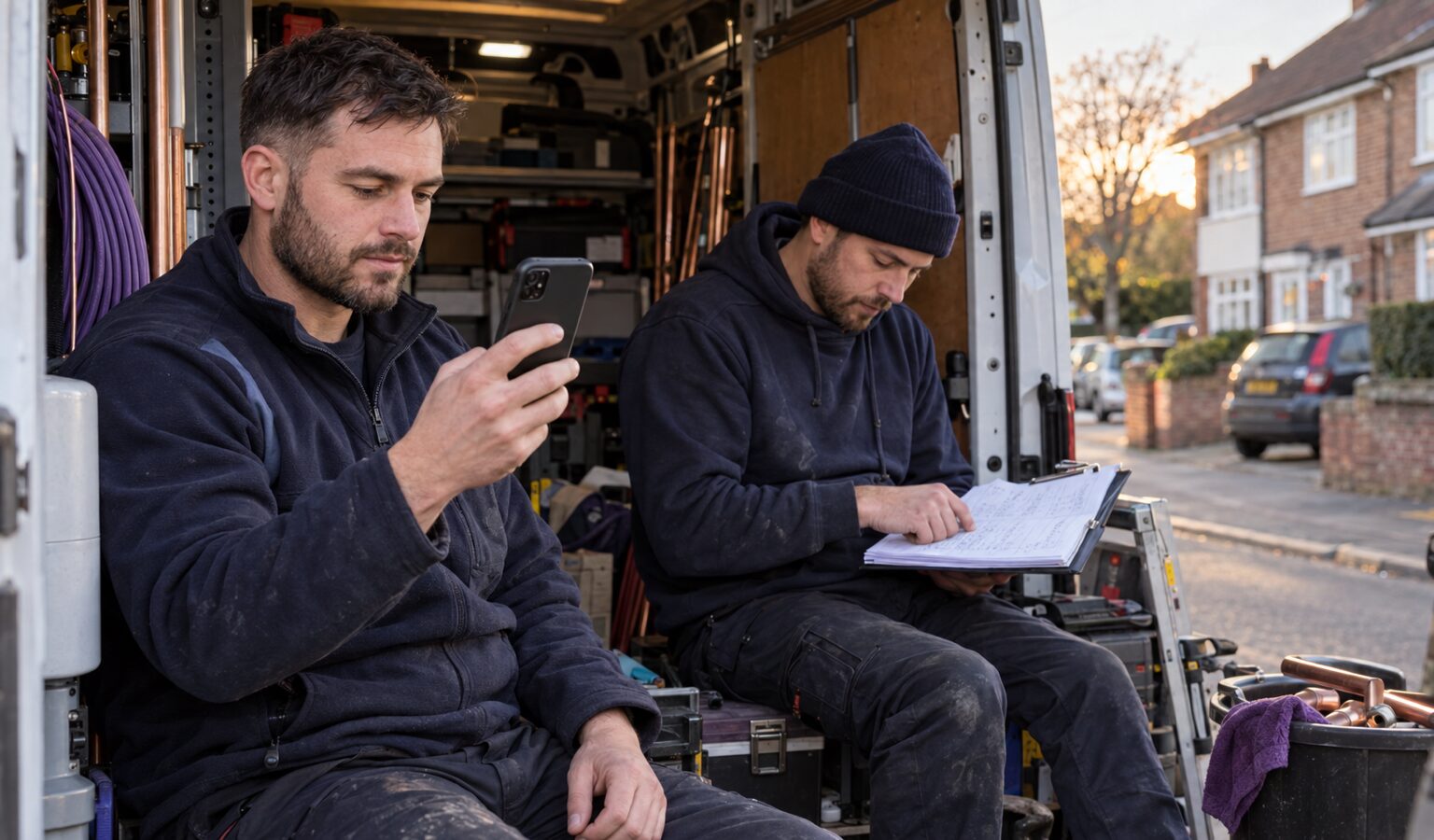 Two UK heating engineers in a van, one checking a phone and the other a job sheet