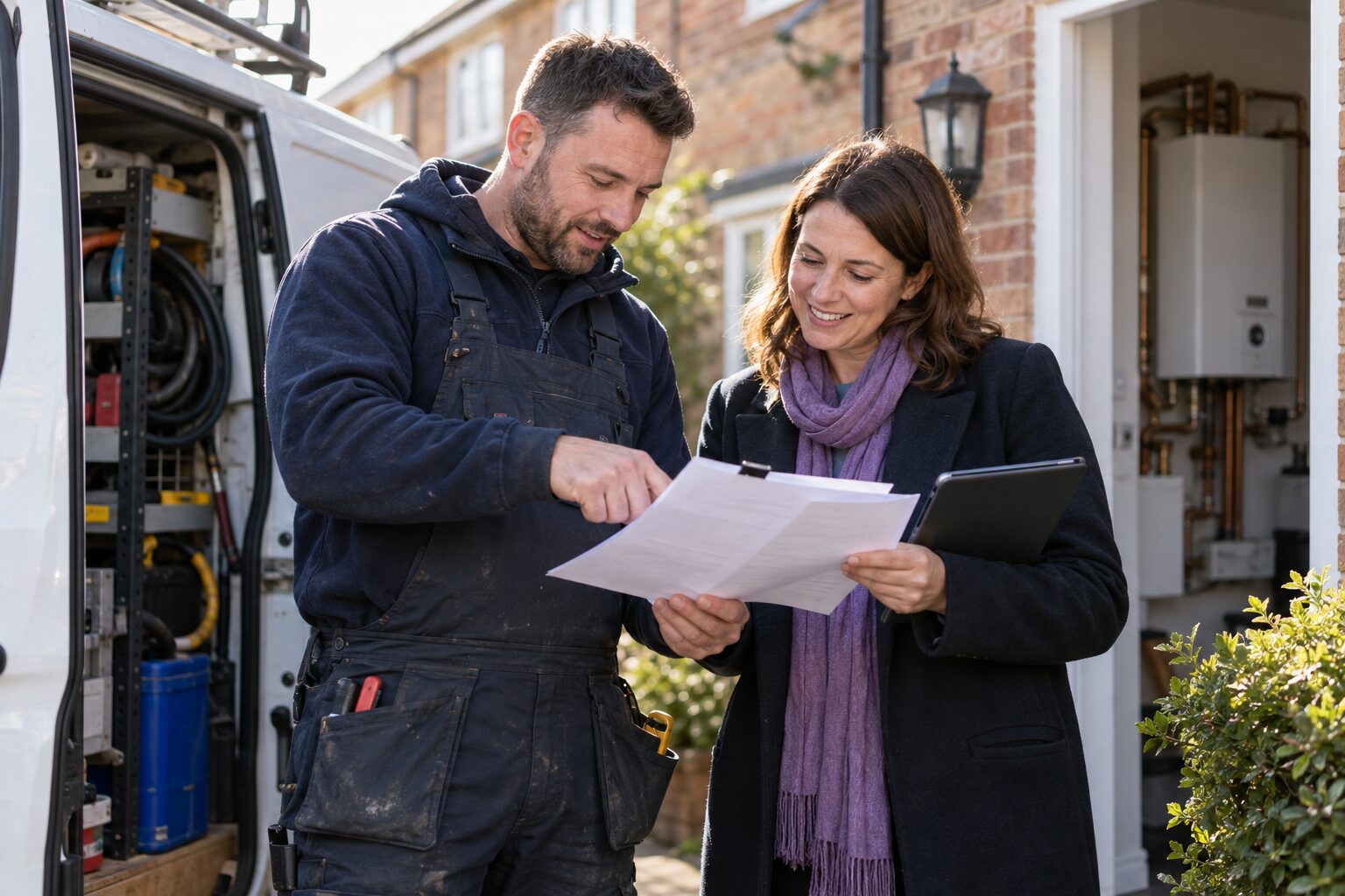 Heating engineer and office coordinator review a quote outside a customer property