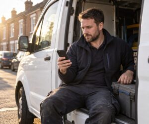 A UK gas and heating engineer sits in the open side door of a plain white work van on a terraced street, reviewing a digital checklist on his phone