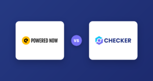 Checker and Powered Now logos side by side for a UK trades software comparison