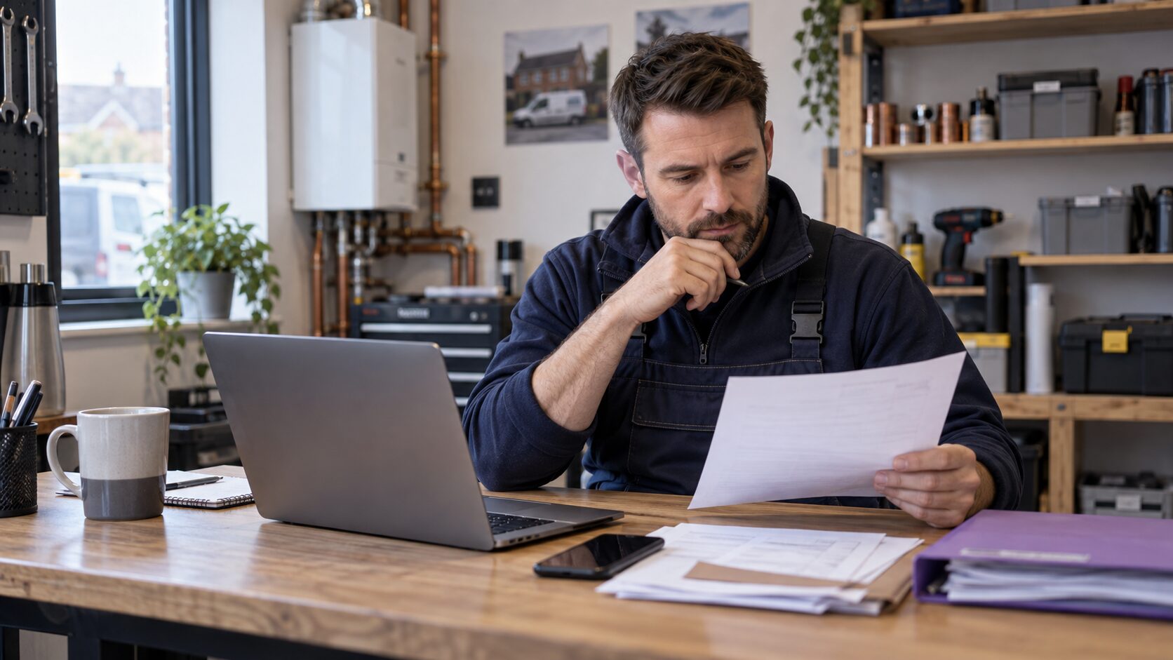 Trade business owner calmly reviewing an overdue invoice trail in a workshop office
